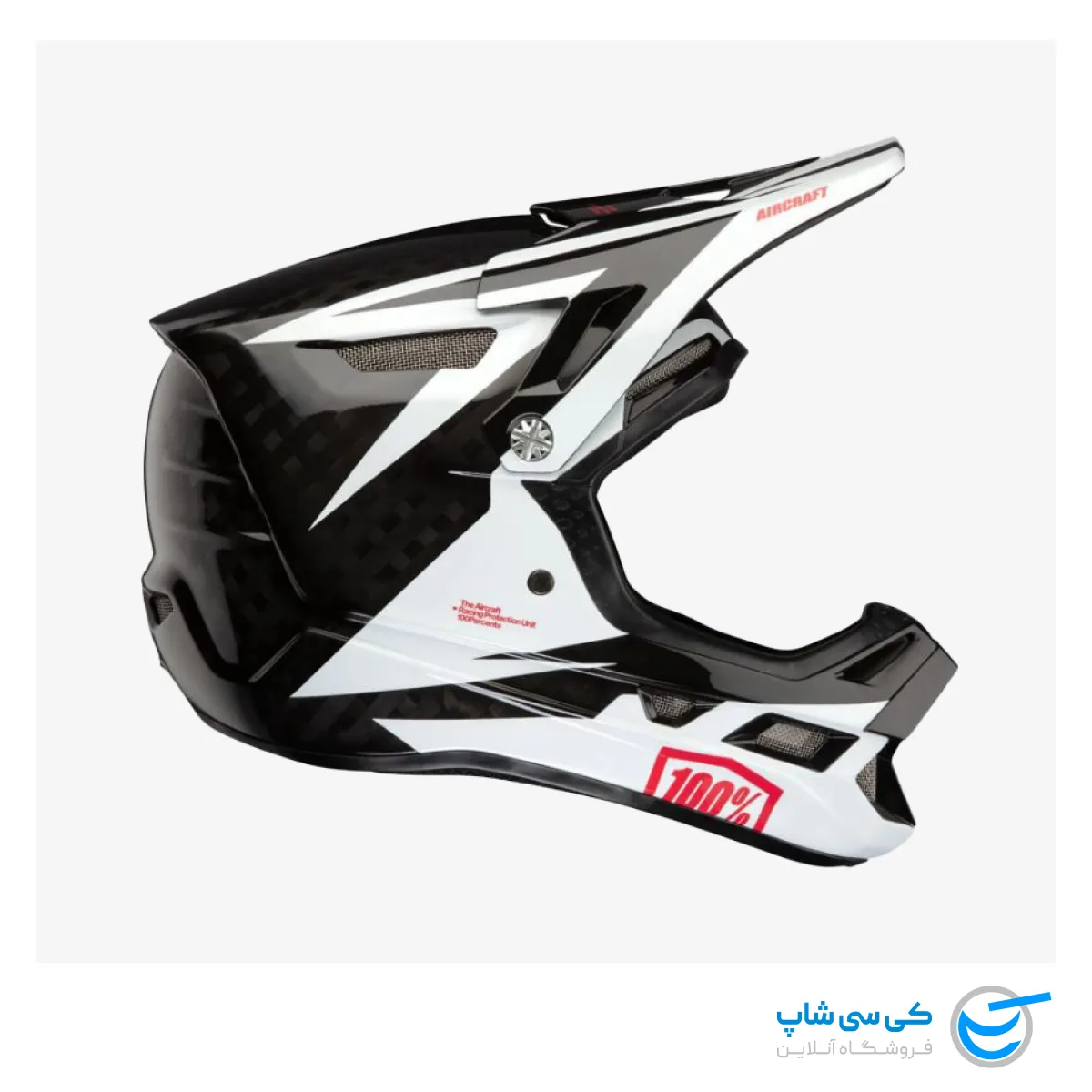 تصویر کلاه موتور کراس برند 100% مدل ایرکرفت کربن طرح رپیدبامب رنگ سفید مشکی