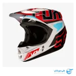 تصویر کلاه موتورکراس فاکس مدل V1 طرح Falcon رنگ قرمز، مشکی و سفید نمای 2 بعدی جلو و سمت راست کلاه کاسکت