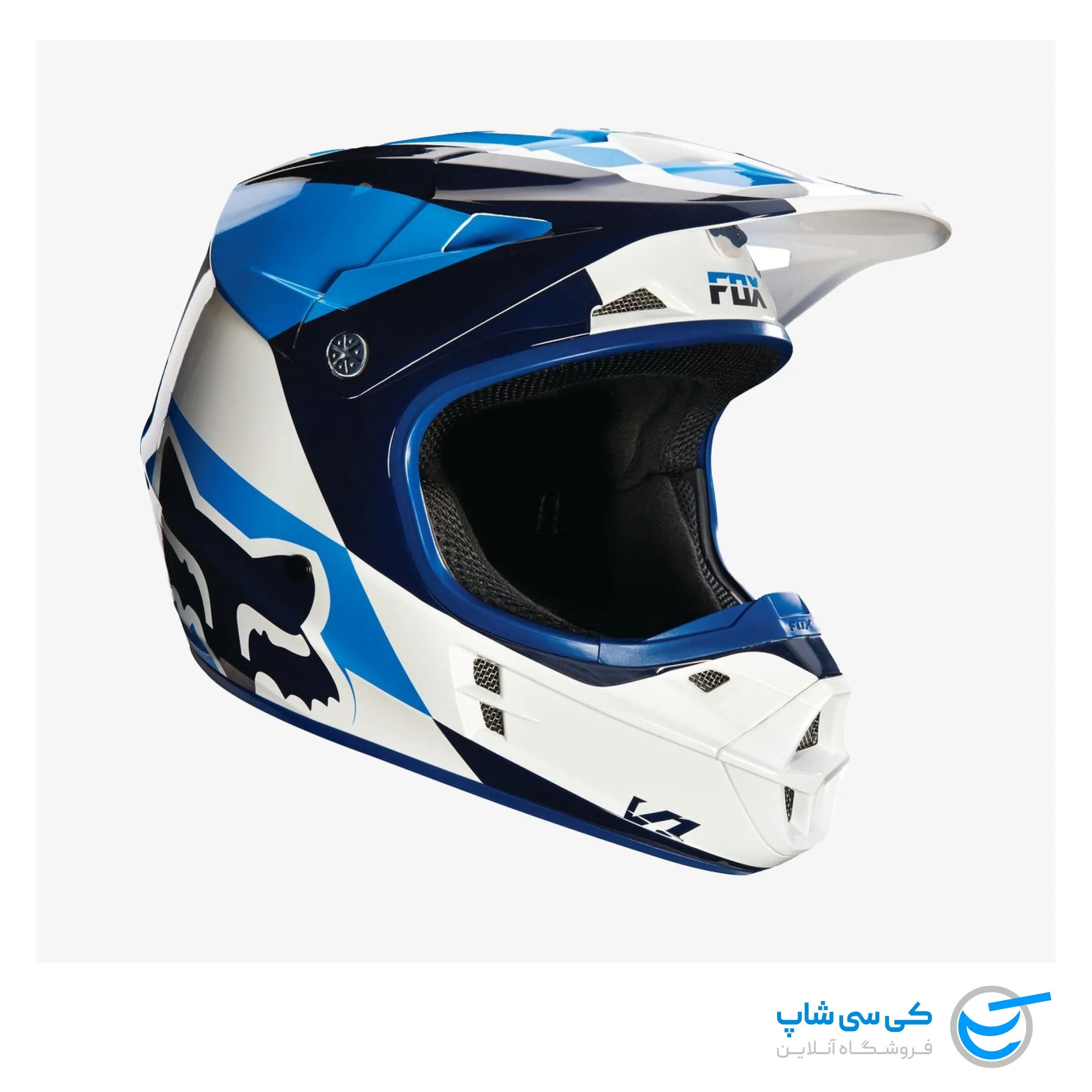 motocross-helmet-fox-v1-mako-navy-blue-white-2d-front-right-view تصویر کلاه موتور کراس فاکس مدل V1 Mako ماکو - سرمه ای، آبی و سفید نمای دو بعدی جلو و راست کلاه کاسکت