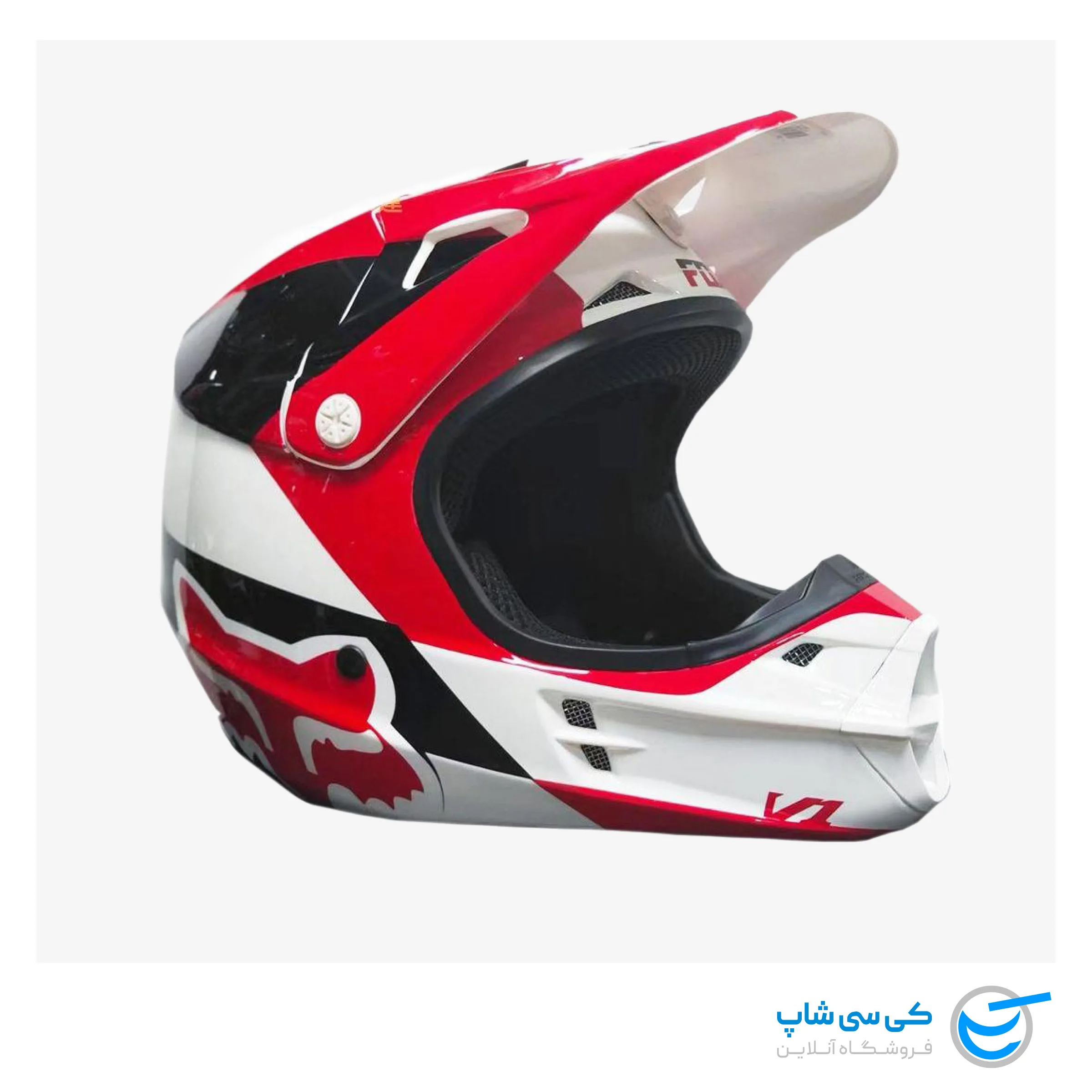 motocross-helmet-fox-v1-mako-red-black-2d-front-right-view تصویر کلاه موتور کراس فاکس مدل V1 طرح Mako رنگ قرمز، مشکی و سفید نمای دو بعدی جلو و راست