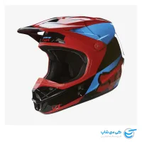 تصویر کلاه موتور کراس فاکس مدل V1 طرح Mako رنگ قرمز، آبی و مشکی نمای دو بعدی جلو و سمت چپ کلاه کاسکت