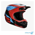 کلاه موتور کراس فاکس مدل V1 طرح Mako رنگ قرمز، آبی و مشکی نمای دو بعدی جلو و سمت راست کلاه کاسکت