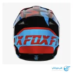 تصویر کلاه موتور کراس فاکس مدل V1 طرح Mako رنگ قرمز، آبی و مشکی نمای پشت کلاه کاسکت