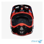 تصویر کلاه موتور کراس فاکس مدل V1 طرح Mako رنگ قرمز، آبی و مشکی نمای جلوی کلاه کاسکت