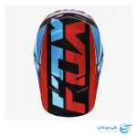 تصویر کلاه موتور کراس فاکس مدل V1 طرح Mako رنگ قرمز، آبی و مشکی از نمای بالای کلاه کاسکت