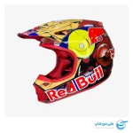 تصویر کلاه موتورکراس فاکس مدل V1 طرح Redbull رنگ قرمز و زرد نمای سمت چپ و جلوی کلاه ایمنی