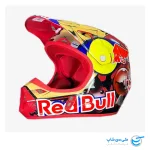 عکس کلاه موتورکراس فاکس مدل V1 طرح Redbull رنگ قرمز و زرد نمای سمت چپ و جلوی کلاه کاسکت Red bull