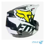تصویر کلاه موتور کراس فاکس مدل V1 طرح استاندارد رنگ مشکی براق و سفید نمای پشت و سمت راست کلاه ایمنی
