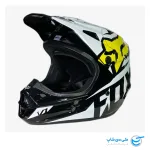 تصویر کلاه موتور کراس فاکس مدل V1 طرح استاندارد رنگ مشکی براق و سفید نمای جلو و سمت چپ کلاه ایمنی