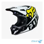 تصویر کلاه موتور کراس فاکس مدل V1 طرح استاندارد رنگ مشکی براق و سفید نمای سمت چپ و جلوی کلاه کاسکت