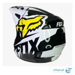 تصویر کلاه موتور کراس فاکس مدل V1 طرح استاندارد رنگ مشکی براق و سفید نمای پشت و سمت چپ کلاه کاسکت