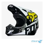 تصویر کلاه موتور کراس فاکس مدل V1 طرح استاندارد رنگ مشکی براق و سفید نمای سمت چپ کلاه کاسکت