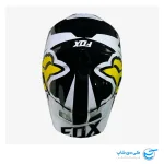 تصویر کلاه موتور کراس فاکس مدل V1 طرح استاندارد رنگ مشکی براق و سفید نمای بالا از کلاه کاسکت