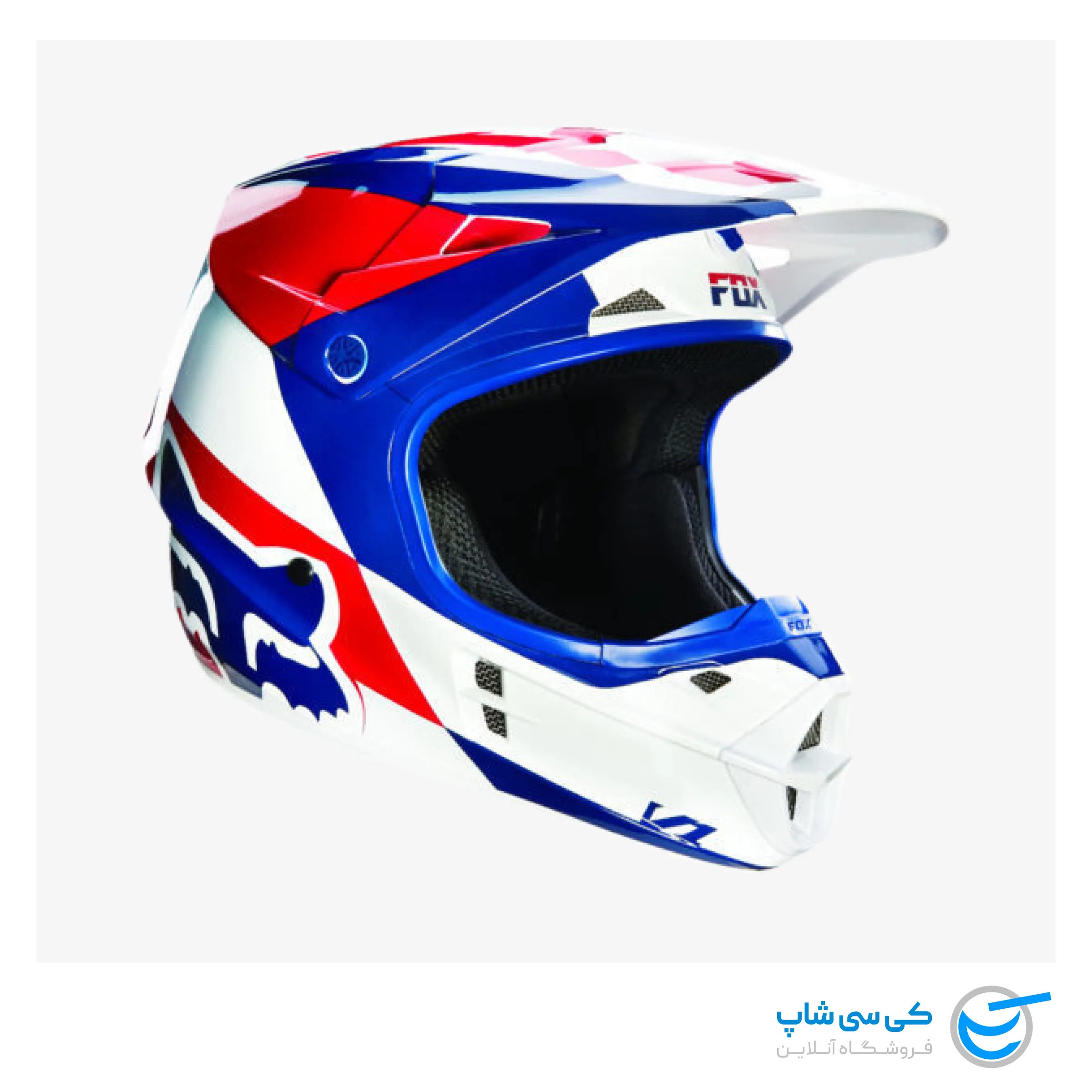 motocross-helmet-fox-v1-standard-dark-blue-red-white-2d-front-right-view تصویر کلاه موتور کراس فاکس مدل V1 طرح Mako رنگ آبی تیره، قرمز و سفید نمای دو بعدی از روبرو و سمت راست کلاه