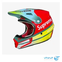 تصویر کلاه موتورکراس فاکس V1 طرح Supreme & Honda – رنگ قرمز و سبز زیتونی