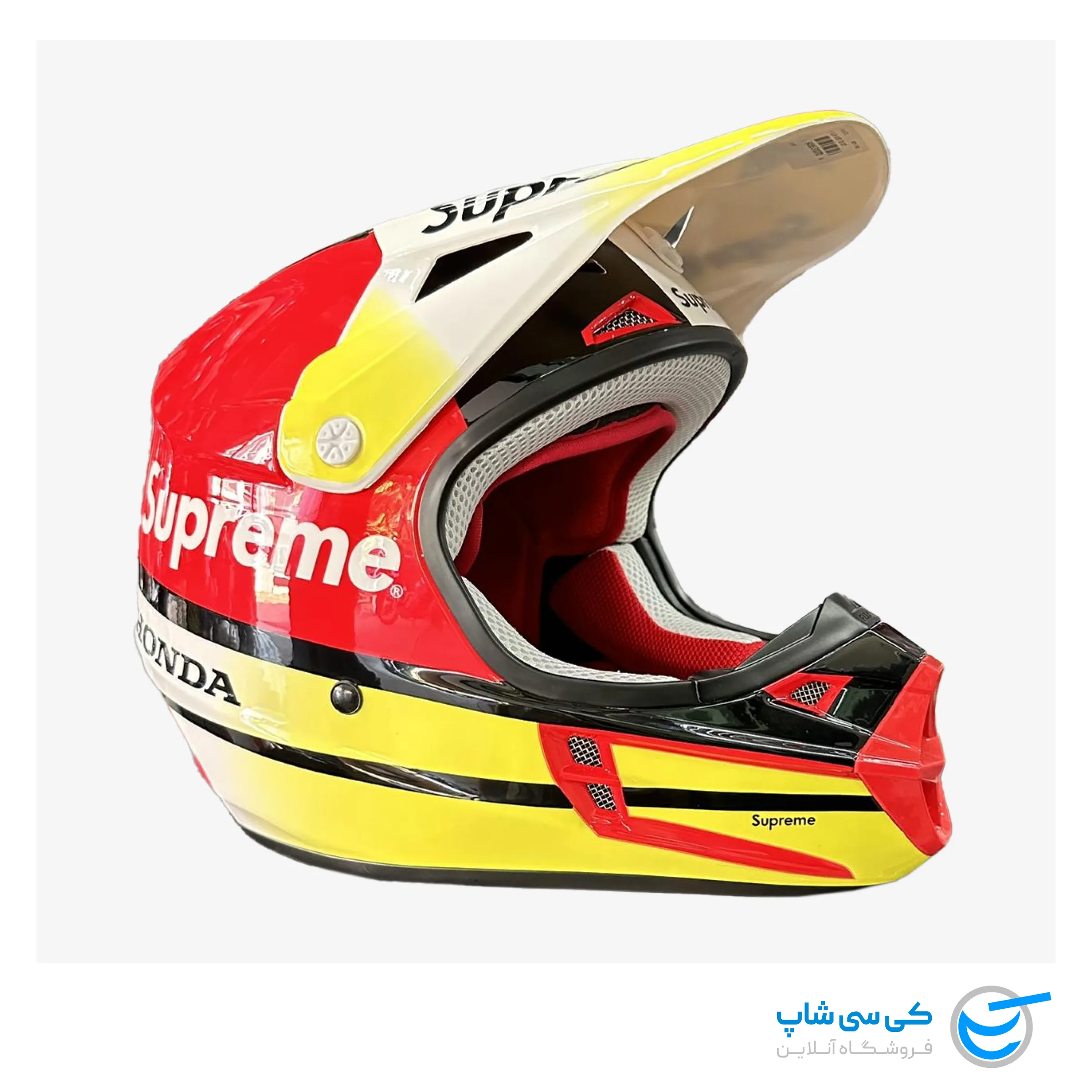motocross-helmet-fox-v1-supreme-honda-red-yellow-2D-right-front-view تصویر کلاه موتورکراس فاکس V1 طرح Supreme & Honda – رنگ قرمز و زرد نمای سمت راست و جلوی کلاه کاسکت طرح هوندا