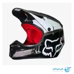 تصویر کلاه موتور کراس فاکس مدل V1 طرح Supreme رنگ قرمز و مشکی براق نمای سمت چپ کلاه کاسکت