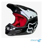 تصویر کلاه موتور کراس فاکس مدل V1 طرح Supreme رنگ قرمز و مشکی براق نماث صمت چپ و روبروی کلاه کاسکت