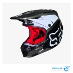 تصویر کلاه موتور کراس فاکس مدل V1 طرح Supreme رنگ قرمز و مشکی براق نمای دو بعدی روبرو و سمت چپ کلاه